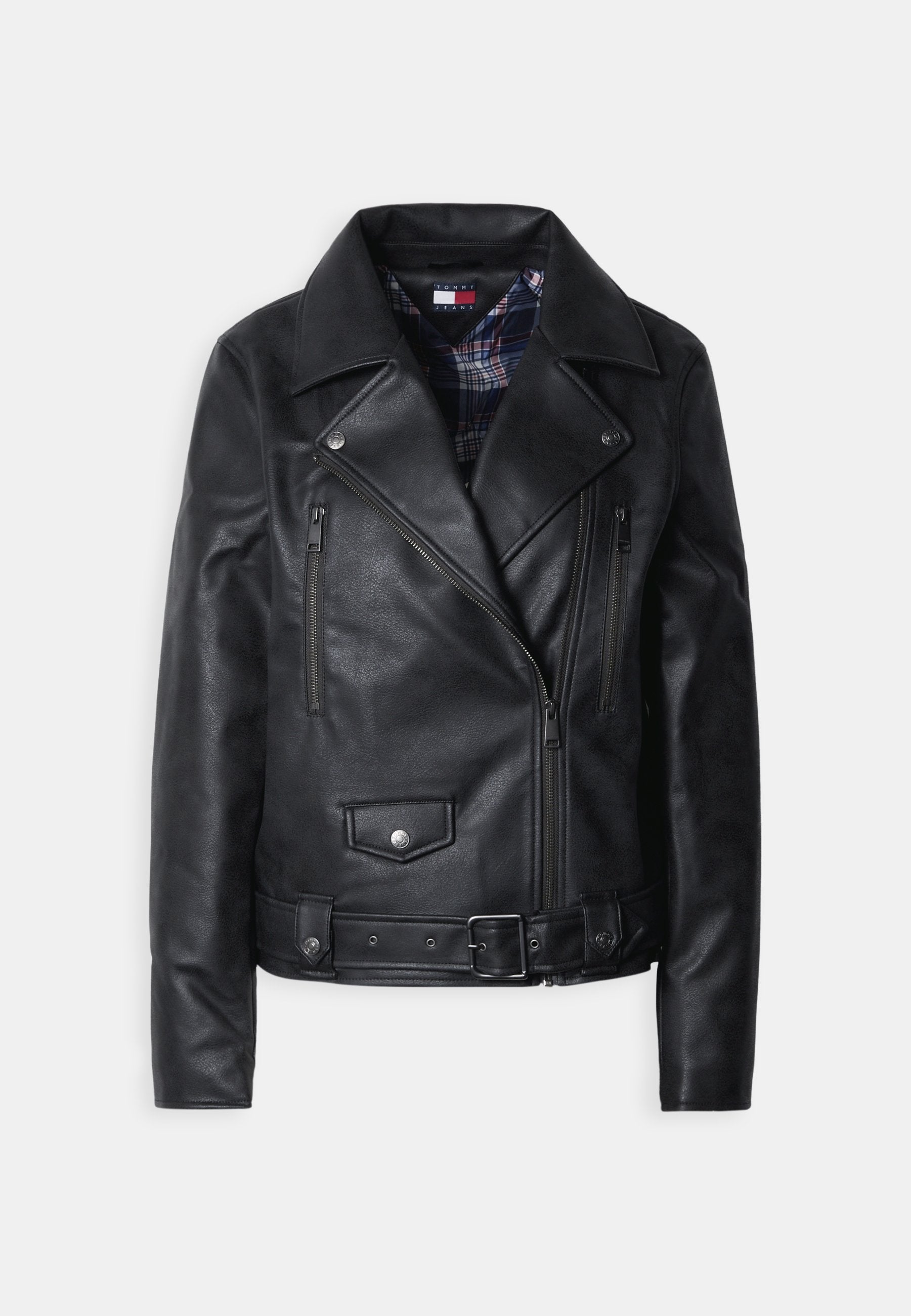 Schwarze Motorradjacke aus Leder mit Reißverschluss vorne, zwei Brusttaschen, Druckknopfbeschlägen und kariertem Futter.