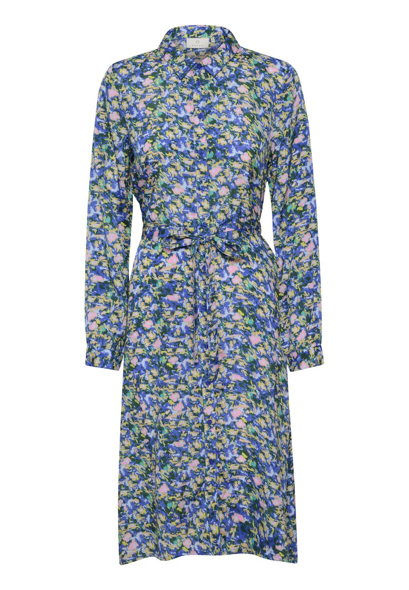 Kleid mit floralem Druck, kragenförmigem Halsauschnitt, langen Ärmeln, taillierter Taille mit Bindeband und leichtem, strukturiertem Stoff in Blau, Grün und Pink.