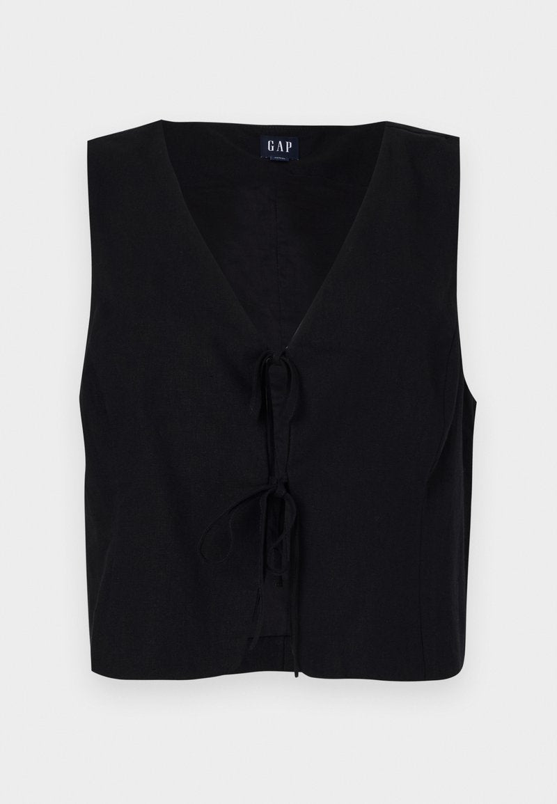 Schwarzes ärmelloses Oberteil mit V-Ausschnitt und einer Frontknüpfung. Hergestellt aus einem glatten Stoff mit strukturiertem Finish. Einfaches Design.