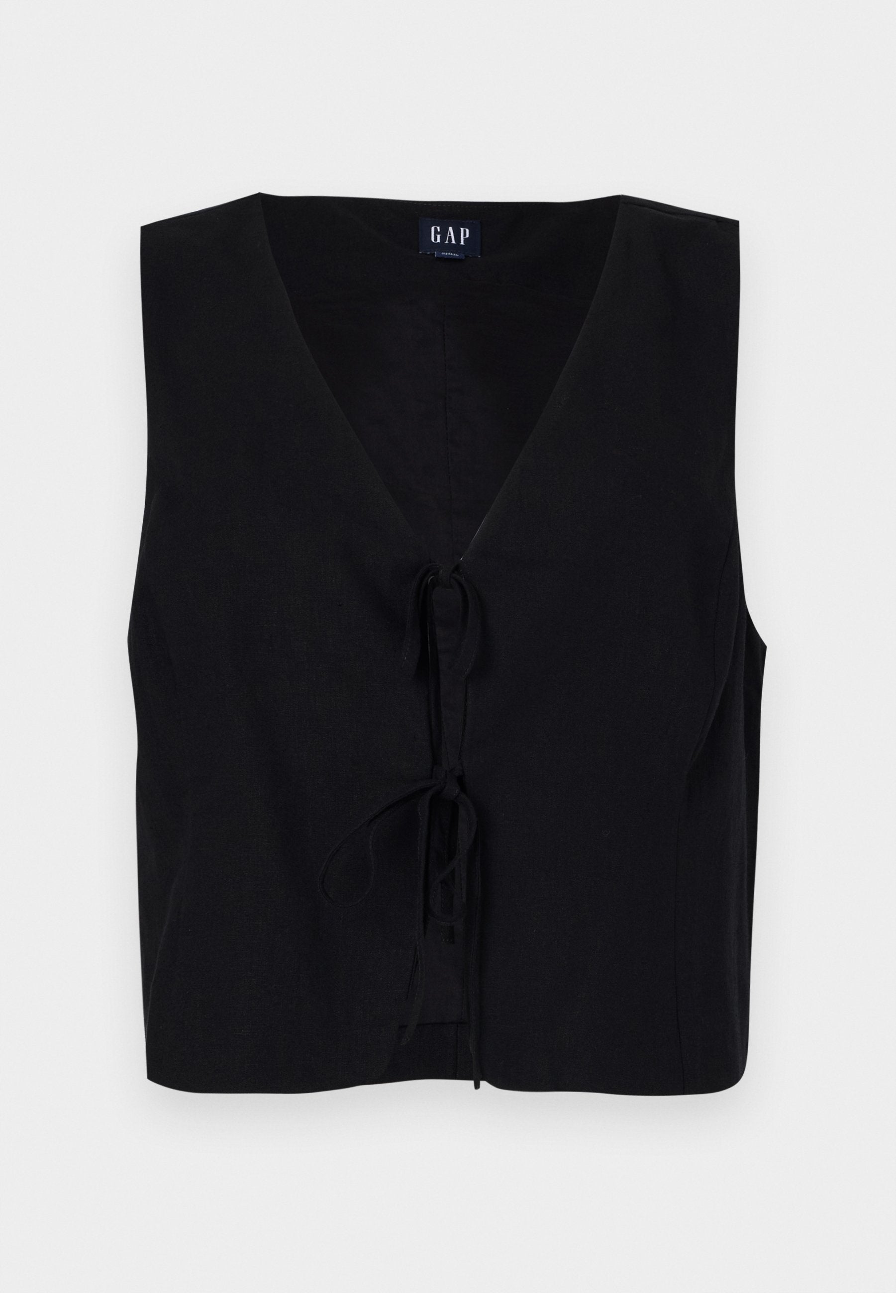 Schwarzes ärmelloses Oberteil mit V-Ausschnitt und einer Frontknüpfung. Hergestellt aus einem glatten Stoff mit strukturiertem Finish. Einfaches Design.