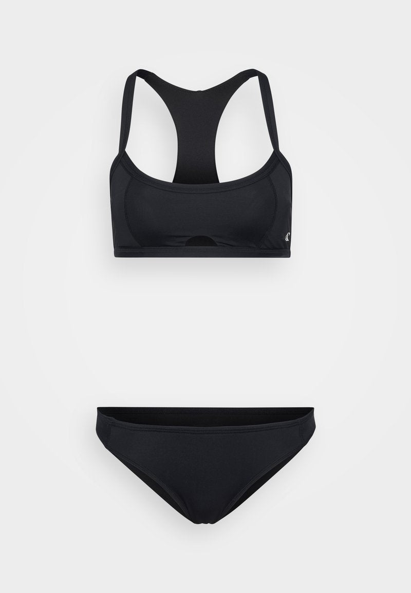 Schwarzes Bikini-Set mit Racerback-Oberteil und tiefer sitzenden Höschen. Hergestellt aus glattem, dehnbarem Stoff mit minimalen Nähten für höchsten Komfort.