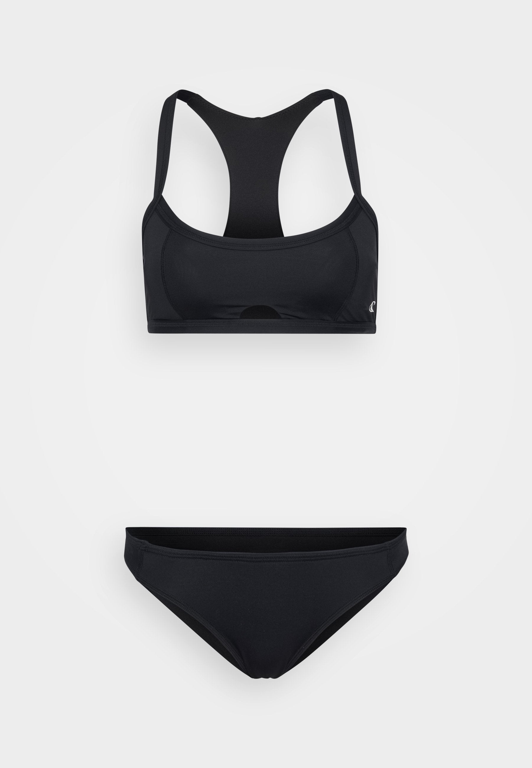 Schwarzes Bikini-Set mit Racerback-Oberteil und tiefer sitzenden Höschen. Hergestellt aus glattem, dehnbarem Stoff mit minimalen Nähten für höchsten Komfort.