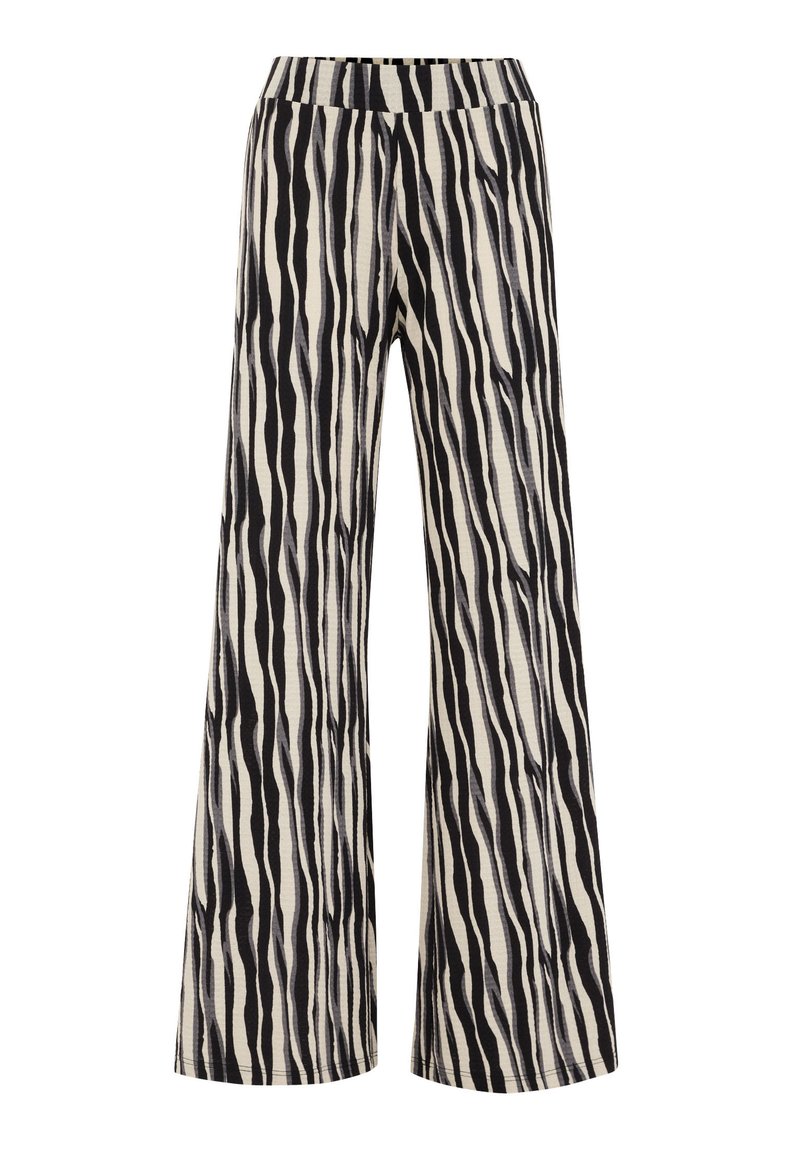Weite Hosen mit einem schwarz-weißen Tigerstreifenmuster, aus einem strukturierten Stoff mit einem elastischen Bund.