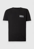 Schwarzes Kurzarm-T-Shirt mit kleiner weißer "Tommy Jeans Bank of"-Aufschrift und Grafik auf der linken Brust.