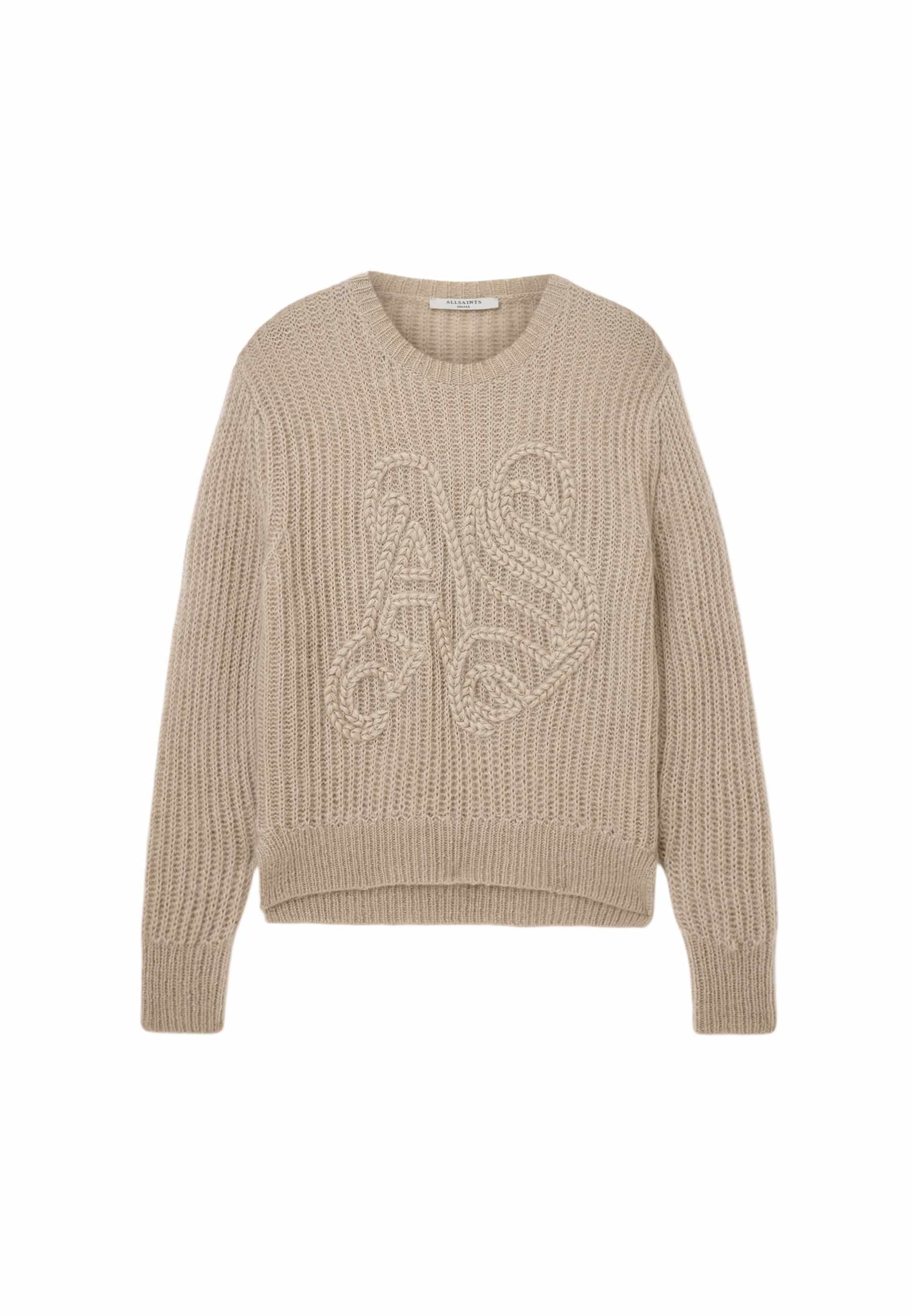 Beiger Strickpullover mit Zopfmusterbuchstaben "AS" auf der Vorderseite, langen Ärmeln und gerippten Bündchen und Saum.