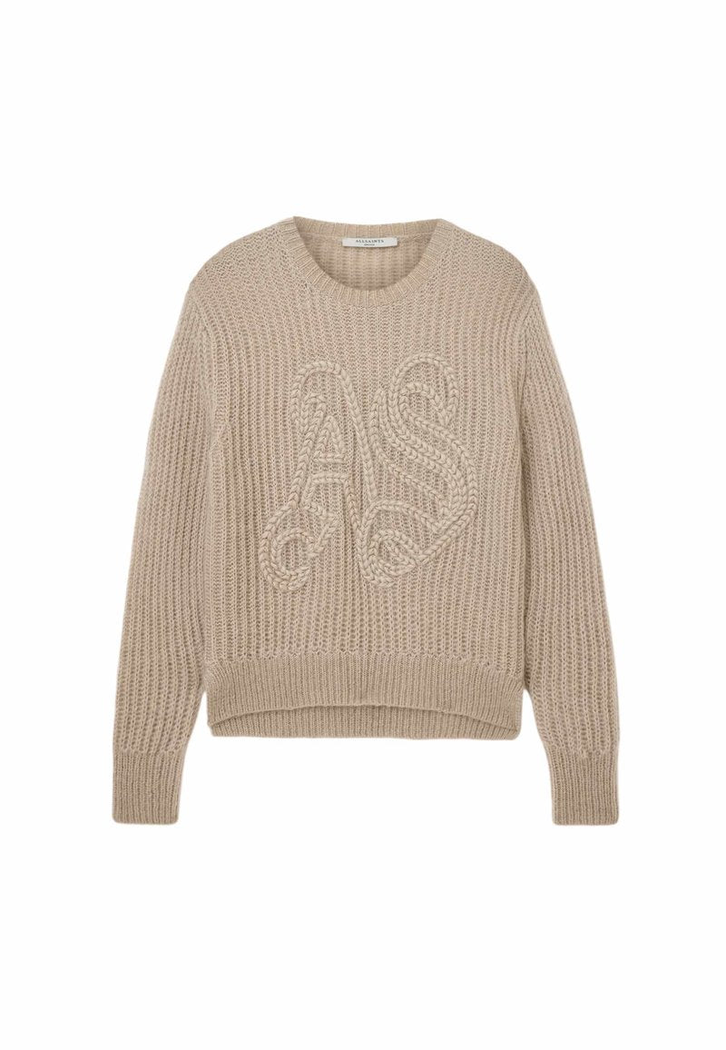 Beiger Strickpullover mit Zopfmusterbuchstaben "AS" auf der Vorderseite, langen Ärmeln und gerippten Bündchen und Saum.