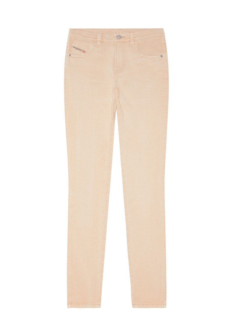 Helle beige Jeans aus Denim mit taillierter Passform, fünf Taschen und einem Frontknopfverschluss. Glatte Textur mit dezenten Nähten.
