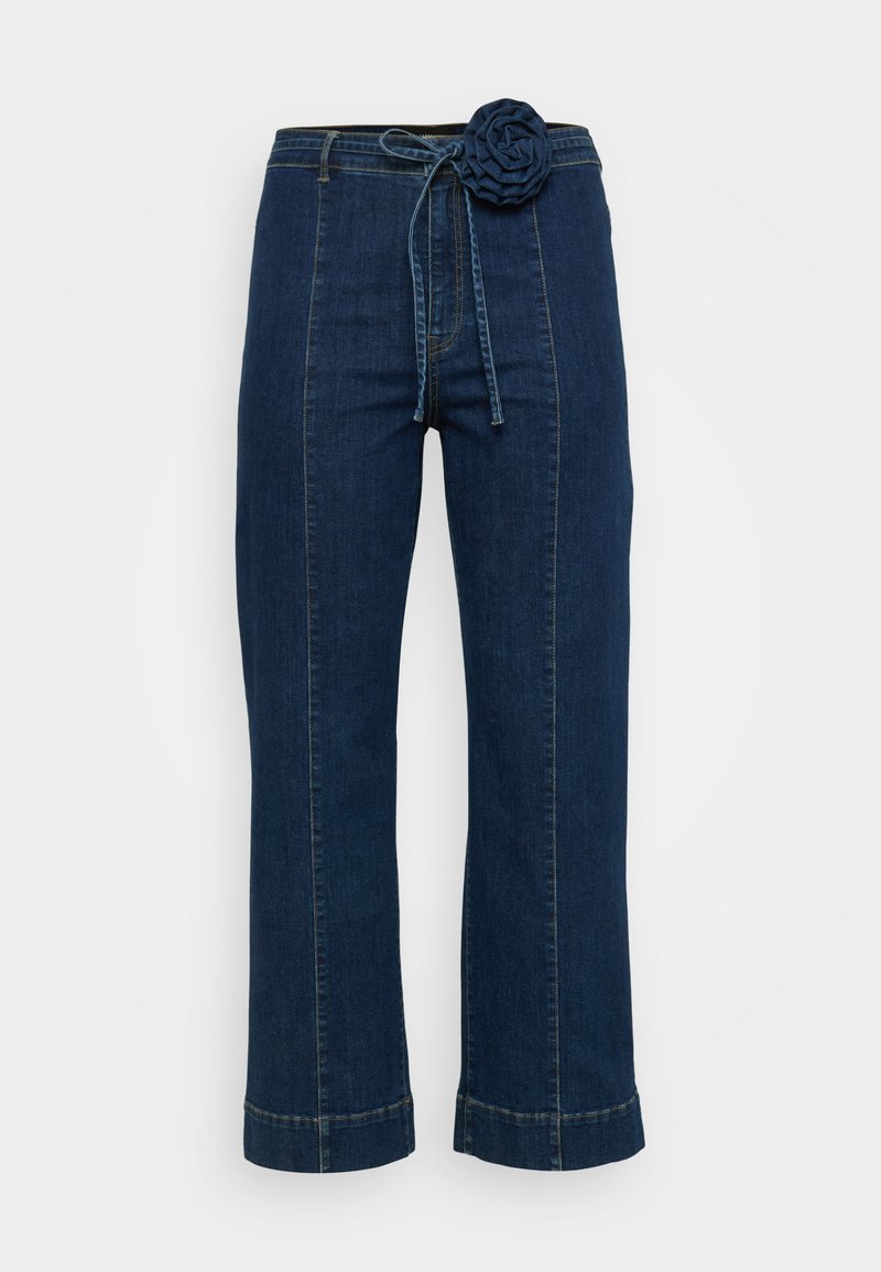 Dunkelblaue Denim-Hose mit weitem Bein, mit floralem Stoffdetail an der Taille und einem Kordelzug. Auffällige Steppnähte und abgeschnittenem Saum.