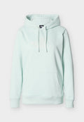 Hellblauer Kapuzenpullover mit Kängurutasche vorne, Kordelzug und weißem "The North Face"-Logo auf der Brust.