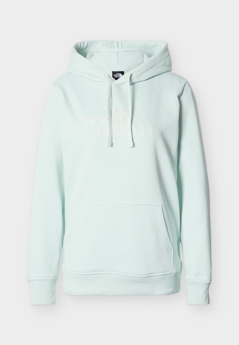 Hellblauer Kapuzenpullover mit Kängurutasche vorne, Kordelzug und weißem "The North Face"-Logo auf der Brust.