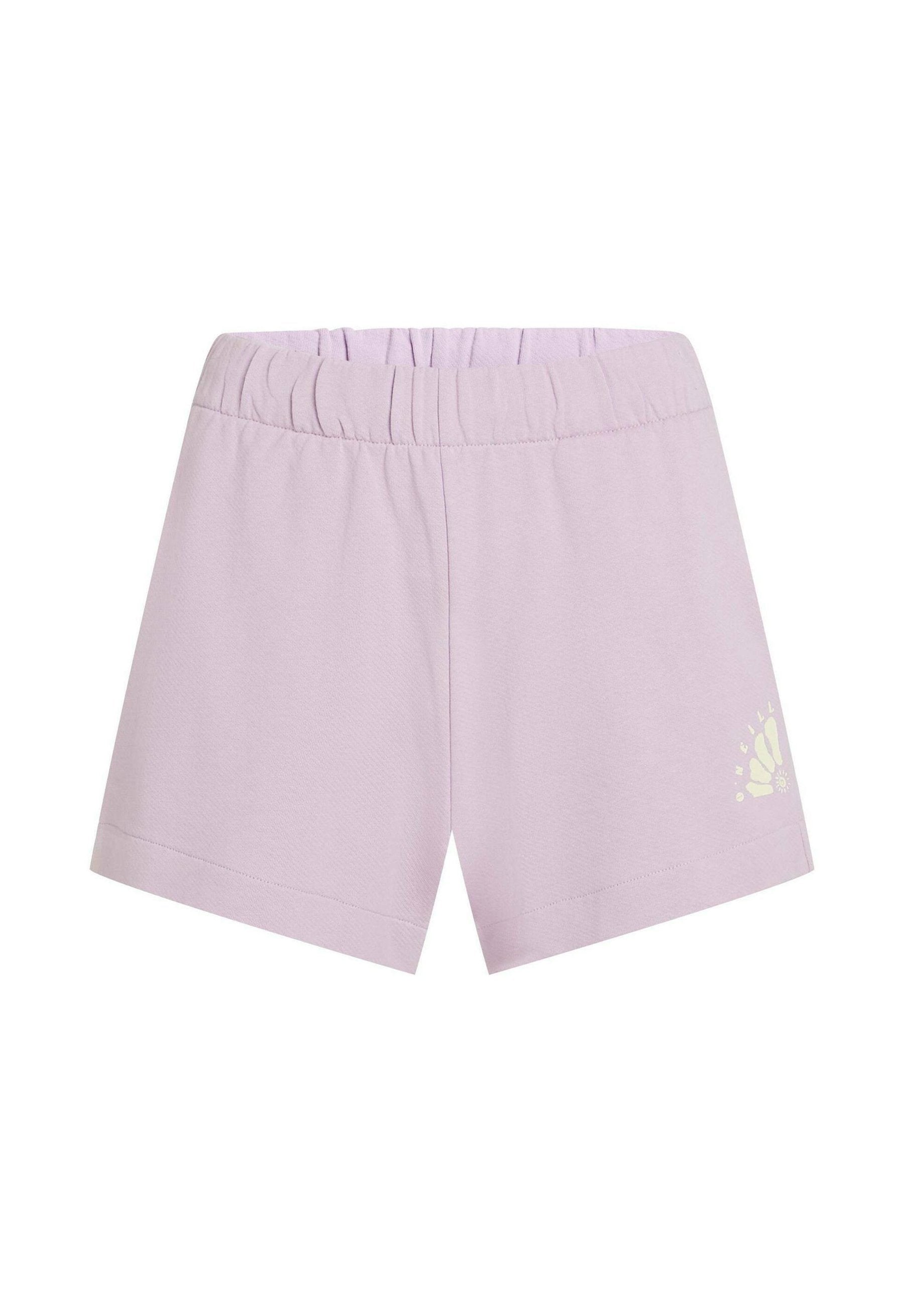 Fliederfarbene Baumwollshorts mit elastischem Bund. Auf der linken Seite befindet sich ein Logo in einem helleren Farbton. Einfaches und gerades Design.