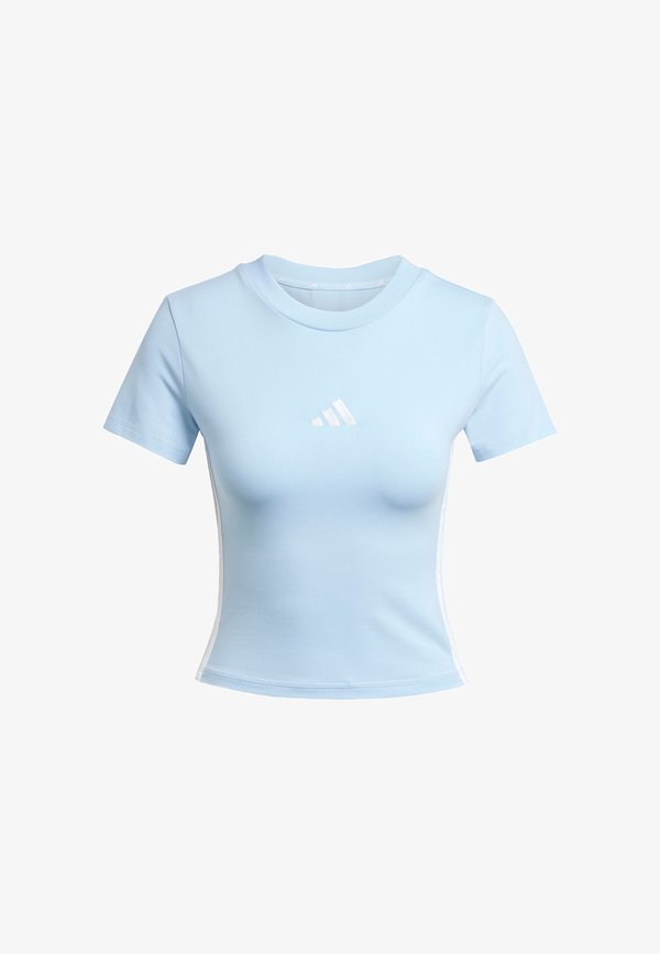 adidas Sportswear ESSENTIALS 3 STRIPES SLIM BABY  - Print T-shirt - glow blue   white