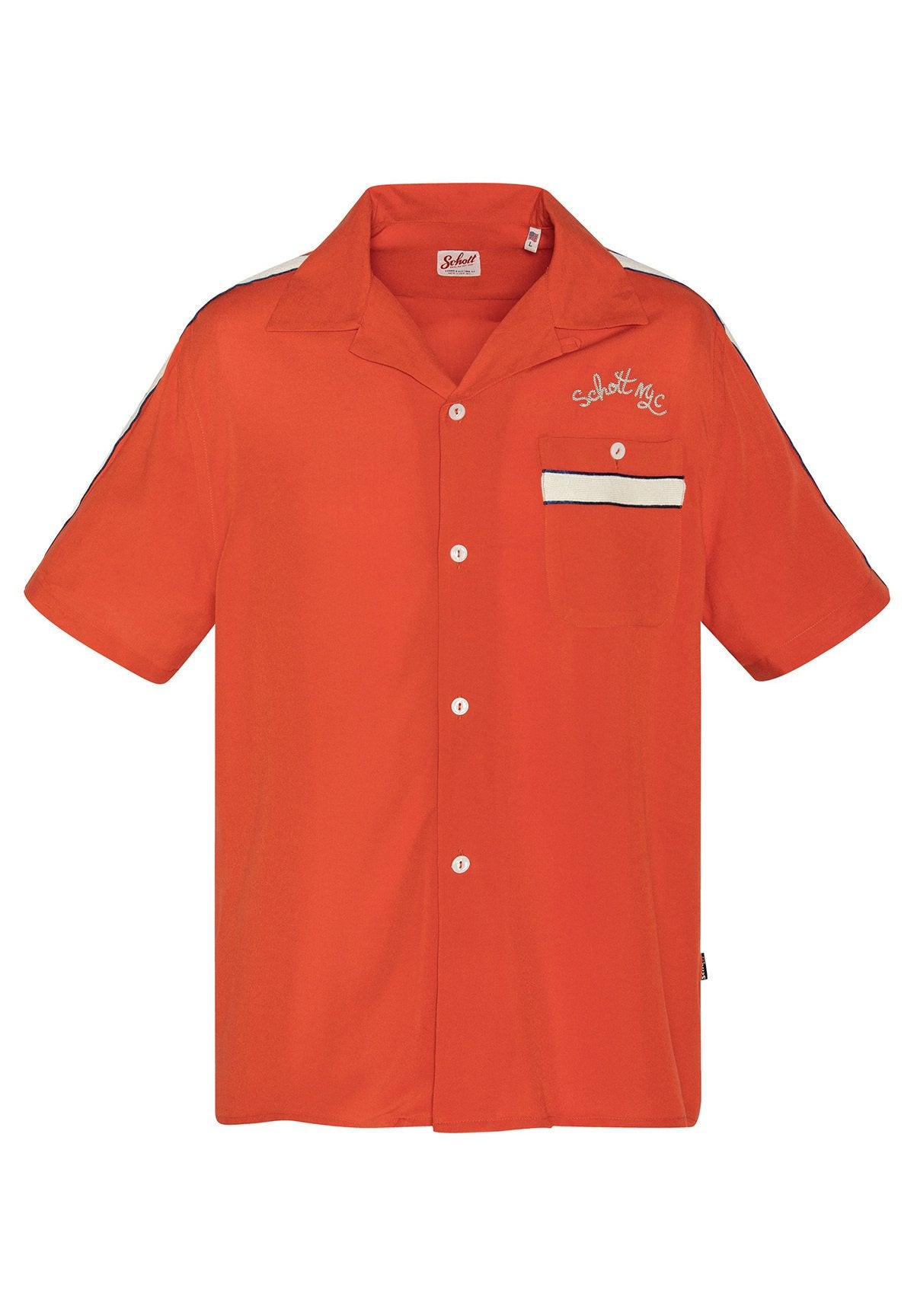 Kurzarmhemd aus leuchtend orangefarbenem Stoff mit Knopfleiste, spitzem Kragen, Tasche mit weißen und dunkelblauen Streifen sowie Logo-Stickerei.