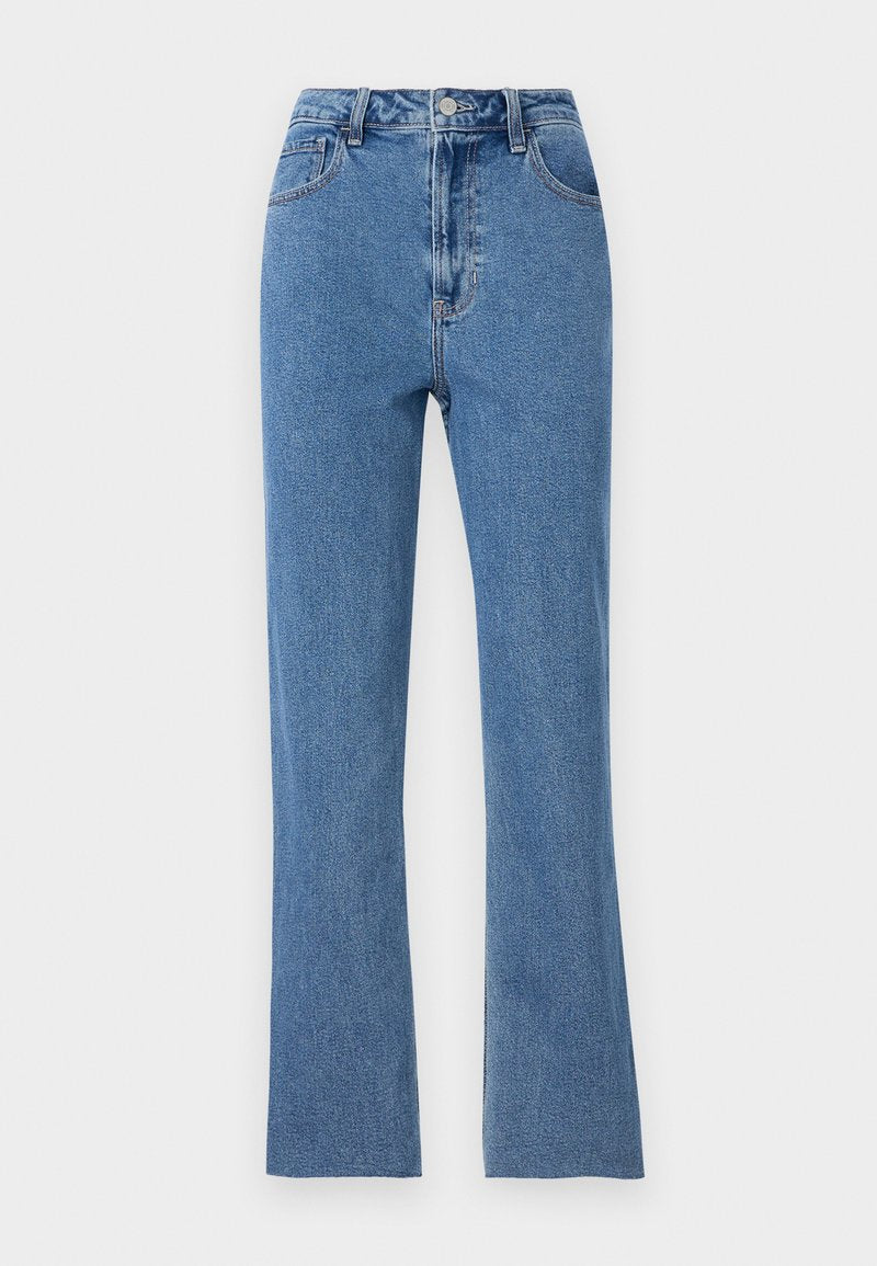 Enganliegende blaue Jeans aus Denim mit hoher Taille, ausgestellten Beinen und subtilen Nähdetails. Klassisches Fünf-Taschen-Design.