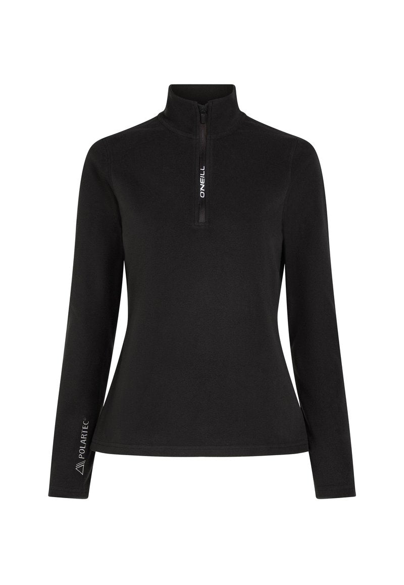 Schwarzer Langarmpullover mit halbem Reißverschlusskragen. Mit "ONEILL"-Logo auf der Vorderseite und "POLARTEC"-Markierung am Ärmel, aus weichem Stoff gefertigt.