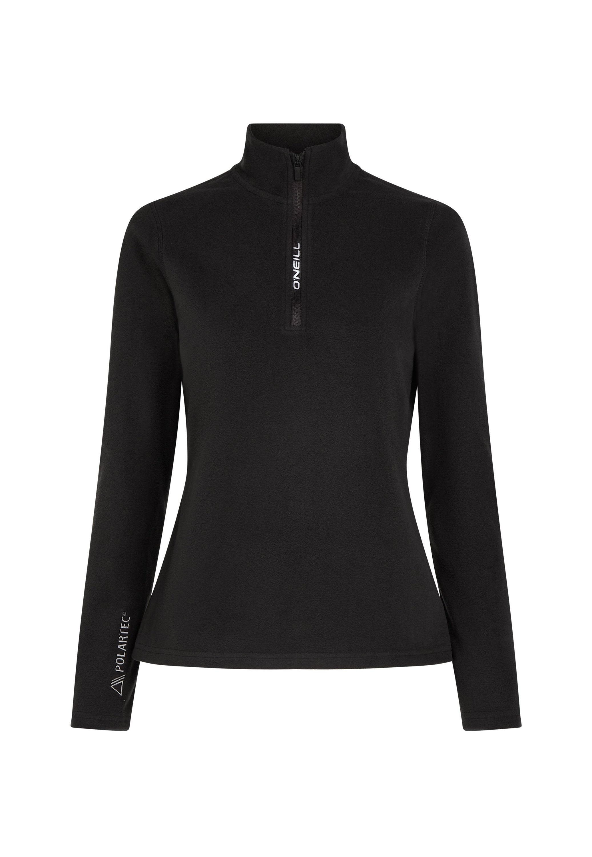 Schwarzer Langarmpullover mit halbem Reißverschlusskragen. Mit "ONEILL"-Logo auf der Vorderseite und "POLARTEC"-Markierung am Ärmel, aus weichem Stoff gefertigt.