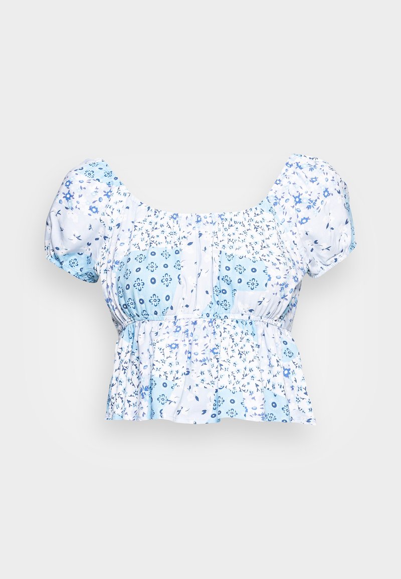 Blaue und weiße Bluse mit floralem Muster, kurzen Puffärmeln, elastischem Bund und im Peplum-Stil. Hergestellt aus leichtem Stoff.