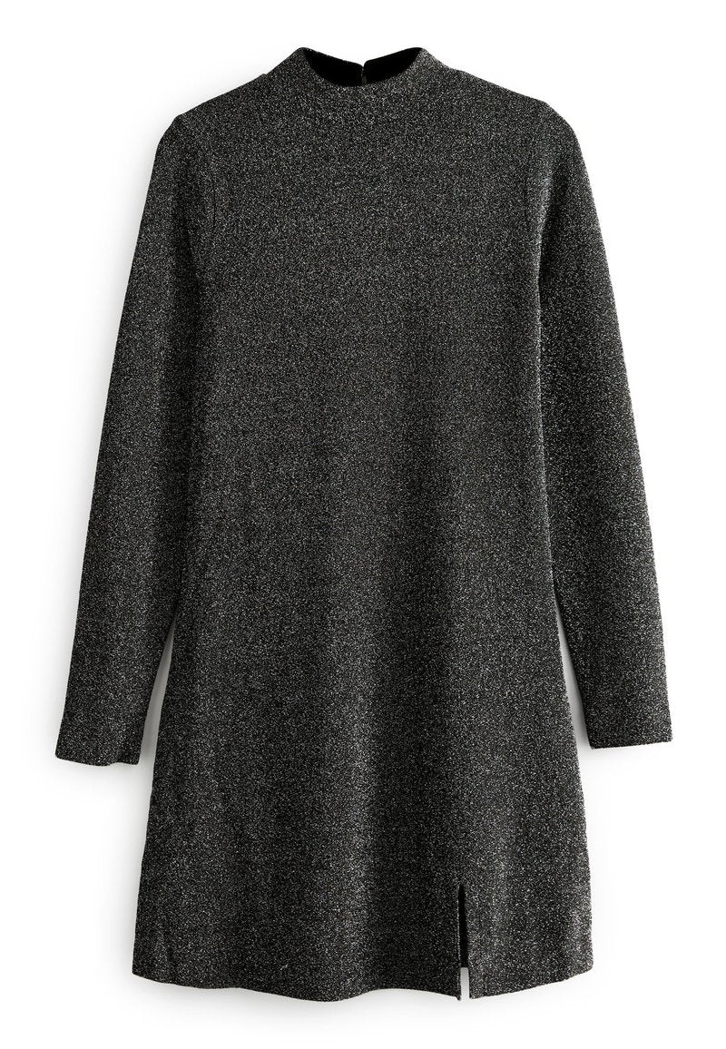 Schwarzes glitzerndes Minikleid mit langen Ärmeln, Mock-Neck und kleinen Schlitzen an der Vorderkante.