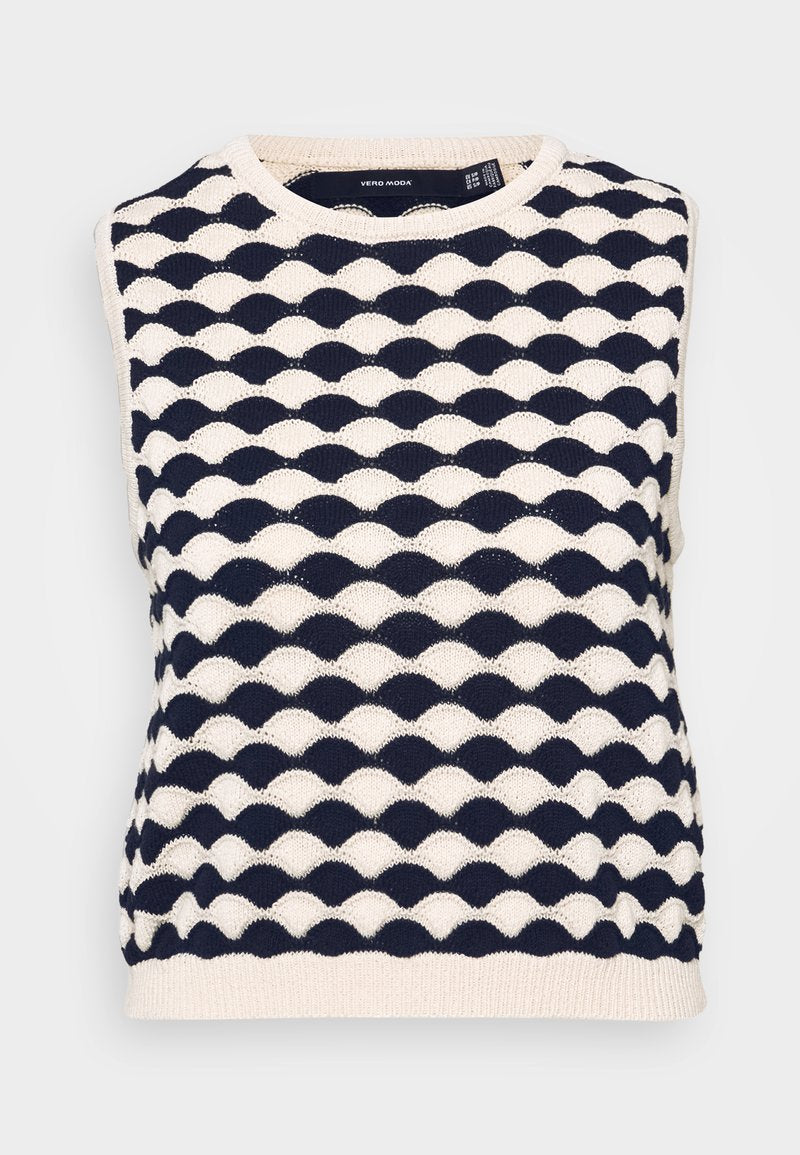 Marineblauer und cremefarbener ärmelloser Strickpullover mit einem strukturierten, wellenförmigen Muster. Runder Halsausschnitt und gerippter Saum. Hergestellt aus weich gestricktem Material.