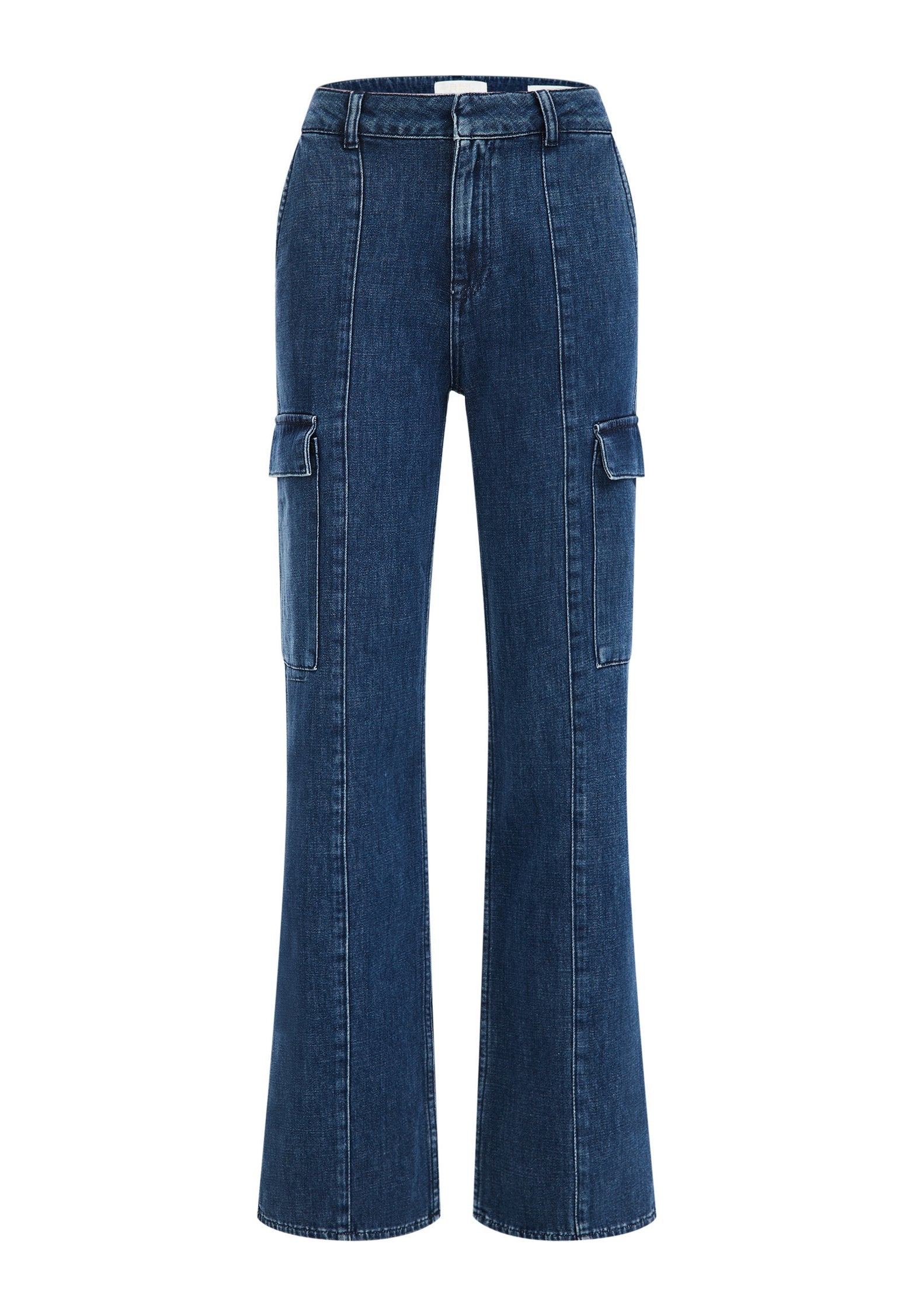 Dunkelblaue Jeans-Cargohosen mit weitem Bein, vorderen Taschen und hoher Taille. Sie verfügen über Nahtdetails und eine glatte Textur.