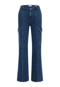 Dunkelblaue Jeans-Cargohosen mit weitem Bein, vorderen Taschen und hoher Taille. Sie verfügen über Nahtdetails und eine glatte Textur.