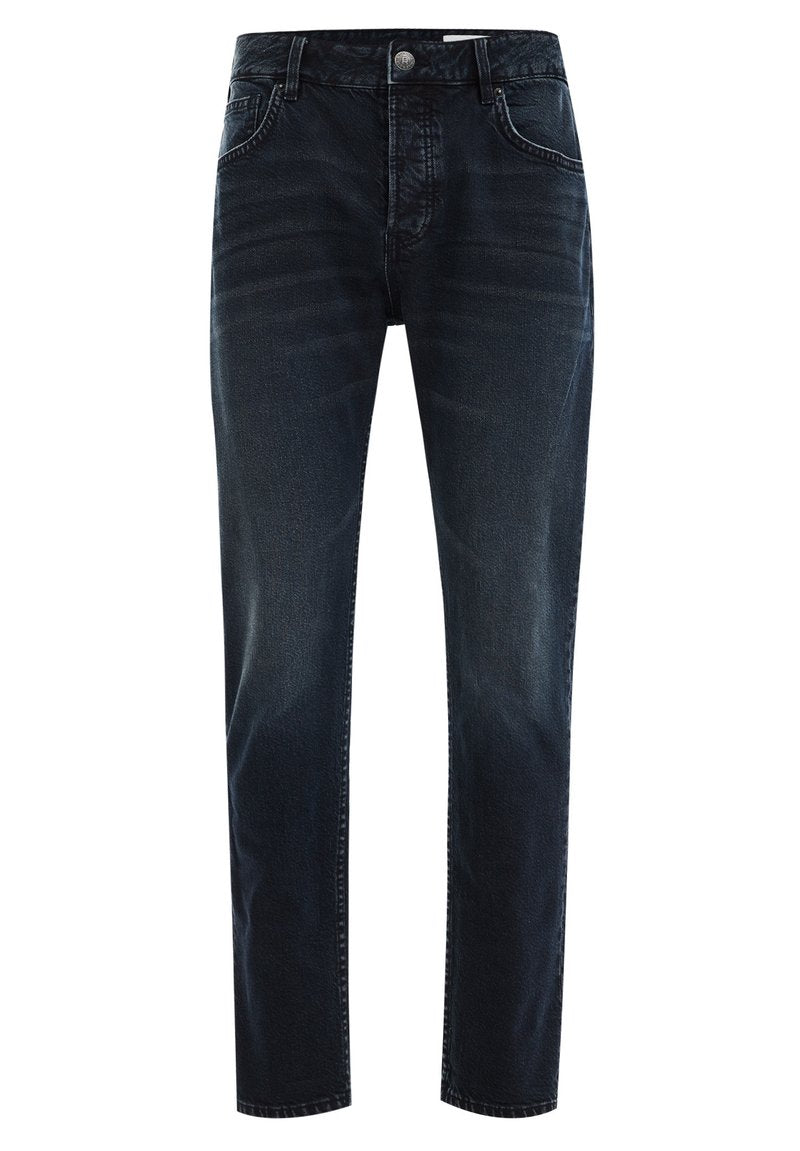 Dunkelblaue Jeans aus Denim mit geradem Schnitt, subtilen Verblassungen, fünf Taschen und einer vorderen Knopfverschlüsse. Weicher, strukturierter Stoff.