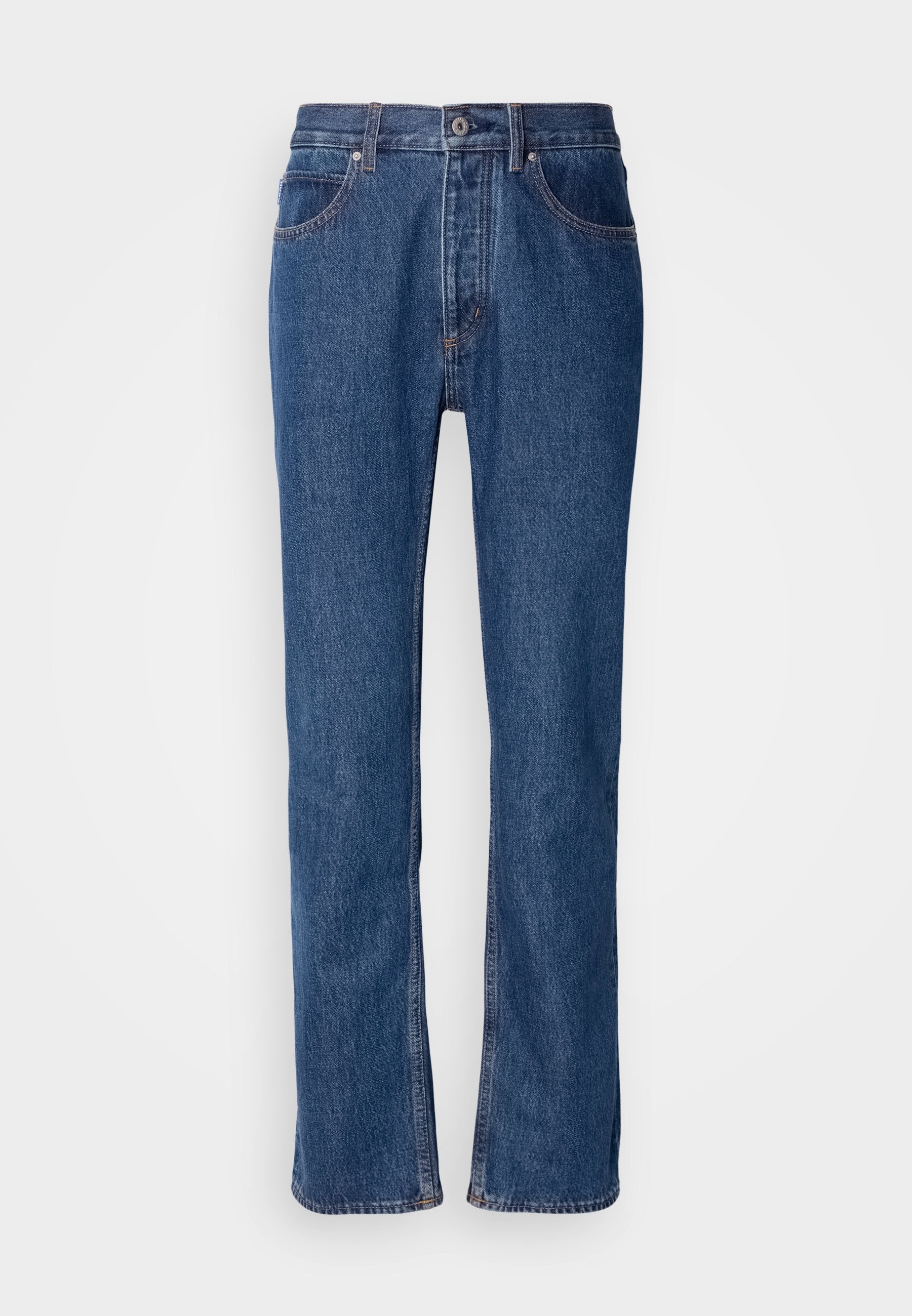 Blaue Jeans aus Denim mit geradem Schnitt, Fünf-Taschen-Design und hellem Nähen. Verfügt über einen Reißverschluss und einen Knopfverschluss vorne.