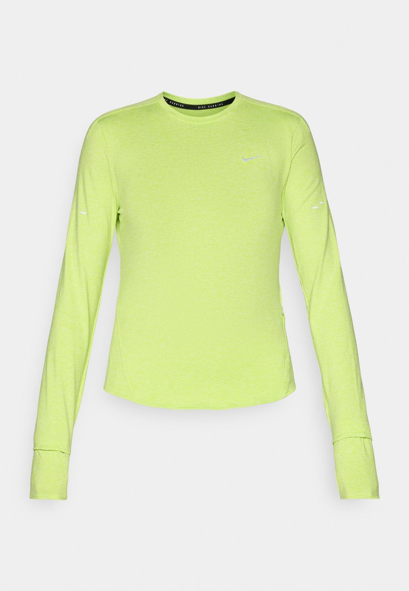 Langärmliges Sportshirt in leuchtendem Grün. Hergestellt aus leichtem Stoff mit glatter Textur und abgerundetem Saum. Mit einem kleinen Logo versehen.