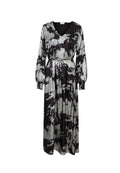 Maxi-Kleid in einem schwarz-grauen Batikmuster, mit V-Ausschnitt, langen Puffärmeln und einer Kordelzugtaille für eine anpassbare Passform.
