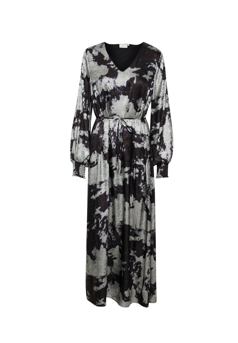 Maxi-Kleid in einem schwarz-grauen Batikmuster, mit V-Ausschnitt, langen Puffärmeln und einer Kordelzugtaille für eine anpassbare Passform.