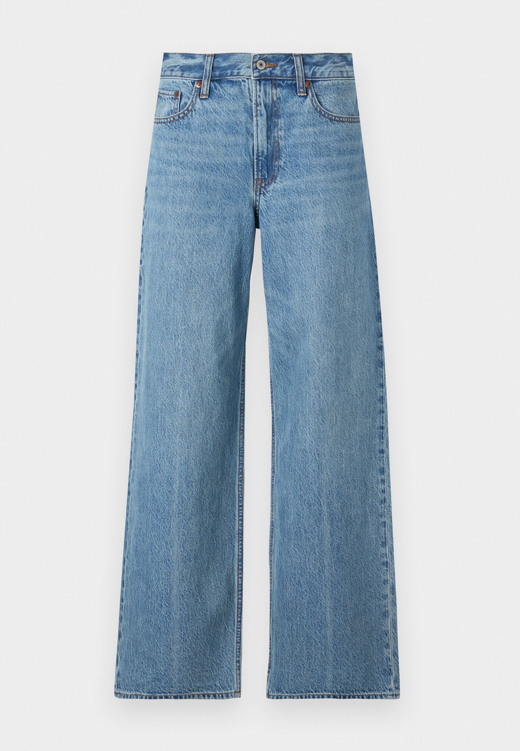 Hellblaue, weite Jeans aus Denim mit hoher Taille, kontrastierenden Nähten und einem Fünf-Taschen-Design sowie einem Knopfverschluss.