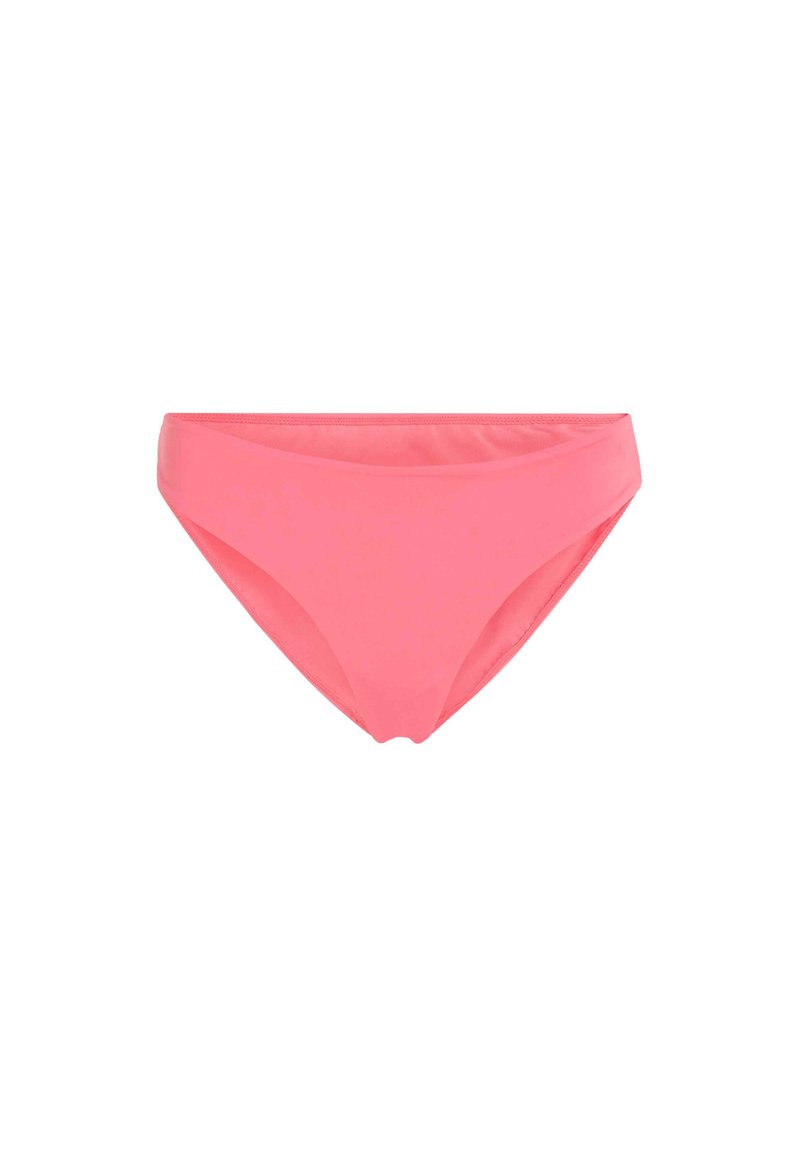 Rosa Bikini-Unterteil aus glattem Stoff, mit einem niedrig geschnittenen Design, minimaler Abdeckung und sauberen Nähten. Keine Muster oder Akzente.