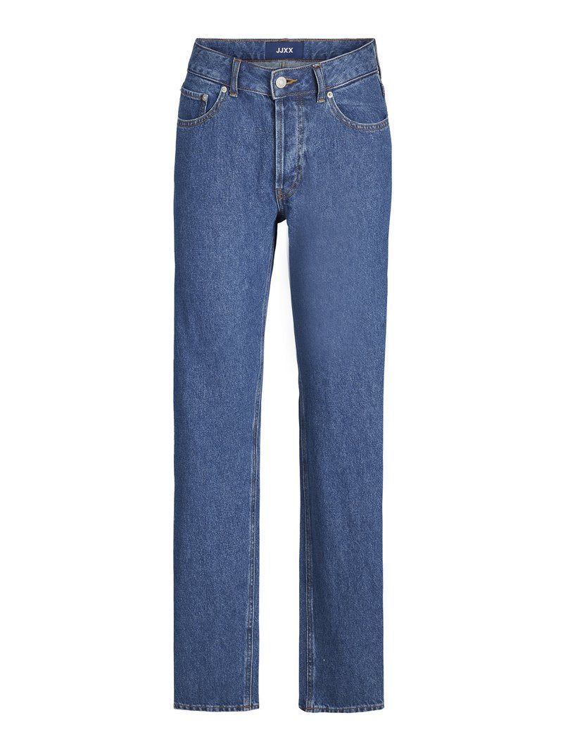 Blaue Jeans aus Denim mit geradem Bein, fünf Taschen und einem Knopfverschluss vorne. Merkmale kontrastierende Nähte und eine glatte Textur.