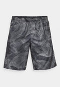Schwarze und graue gemusterte Shorts aus leichtem Stoff, mit einem elastischen Bund und weißen Akzenten entlang des Saums.