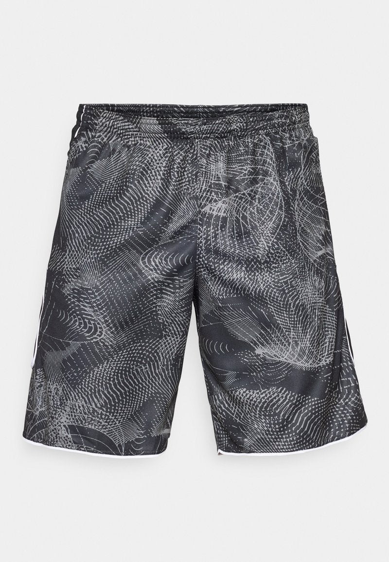 Schwarze und graue gemusterte Shorts aus leichtem Stoff, mit einem elastischen Bund und weißen Akzenten entlang des Saums.