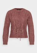 Rosa Strickjacke mit Rundhalsausschnitt, langen Ärmeln und Knopfverschluss. Verfügt über einen Taillen-Zugband für eine verstellbare Passform.