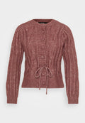 Rosa Strickjacke mit Rundhalsausschnitt, langen Ärmeln und Knopfverschluss. Verfügt über einen Taillen-Zugband für eine verstellbare Passform.