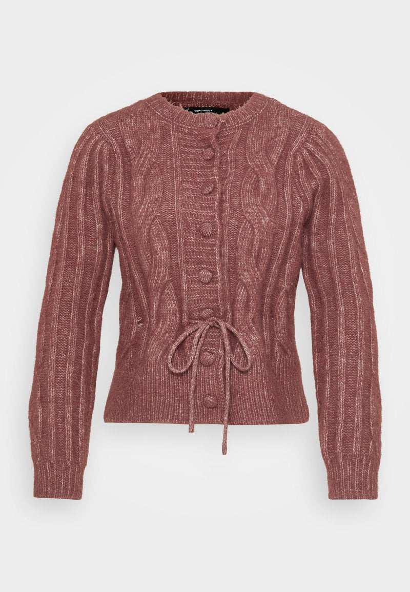 Rosa Strickjacke mit Rundhalsausschnitt, langen Ärmeln und Knopfverschluss. Verfügt über einen Taillen-Zugband für eine verstellbare Passform.
