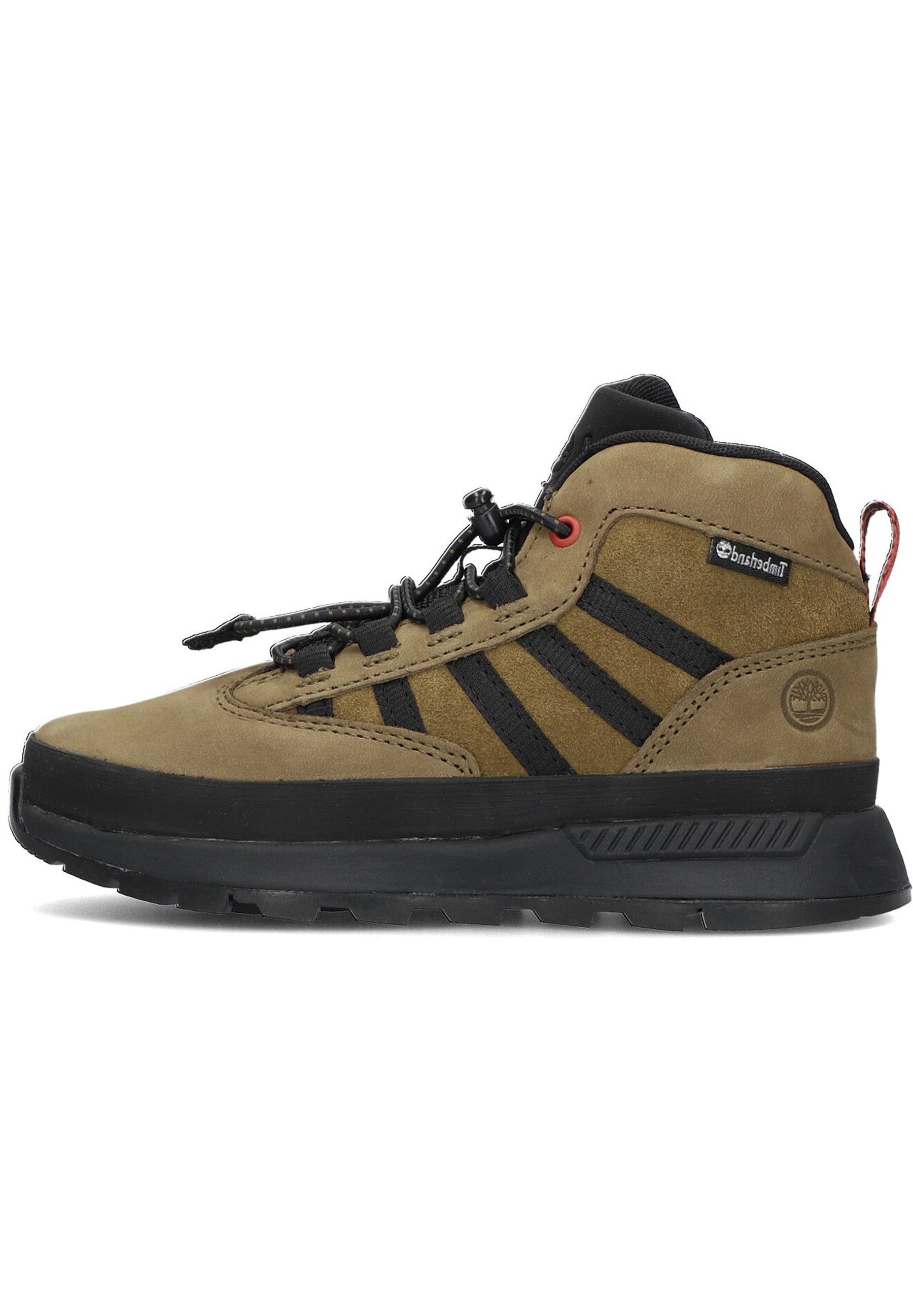Braune Wildleder-Wanderschuhe mit schwarzen Akzenten, strukturiertem Obermaterial, Gummisohle, verstärkter Zehenkappe und verstellbarem Schnürsystem.