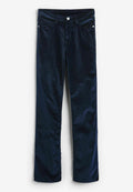 Marineblaue Cord-Hosen mit geradem Bein, vorderen Taschen und Knopfverschluss. Weicher Stoff mit dezentem Glanz.