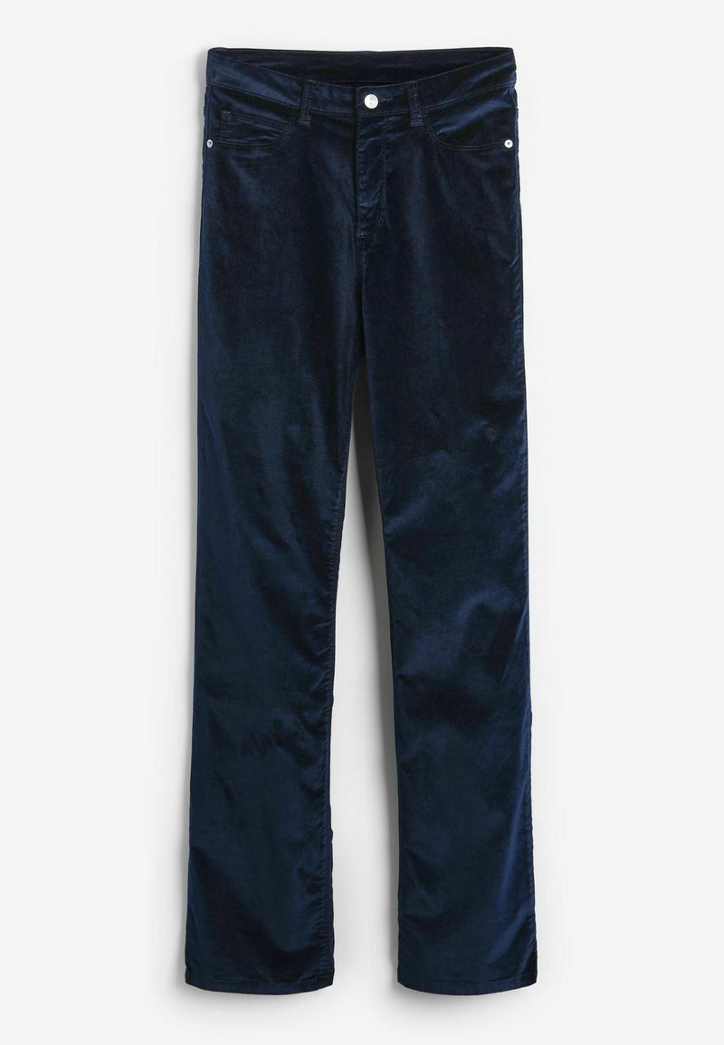 Marineblaue Cord-Hosen mit geradem Bein, vorderen Taschen und Knopfverschluss. Weicher Stoff mit dezentem Glanz.