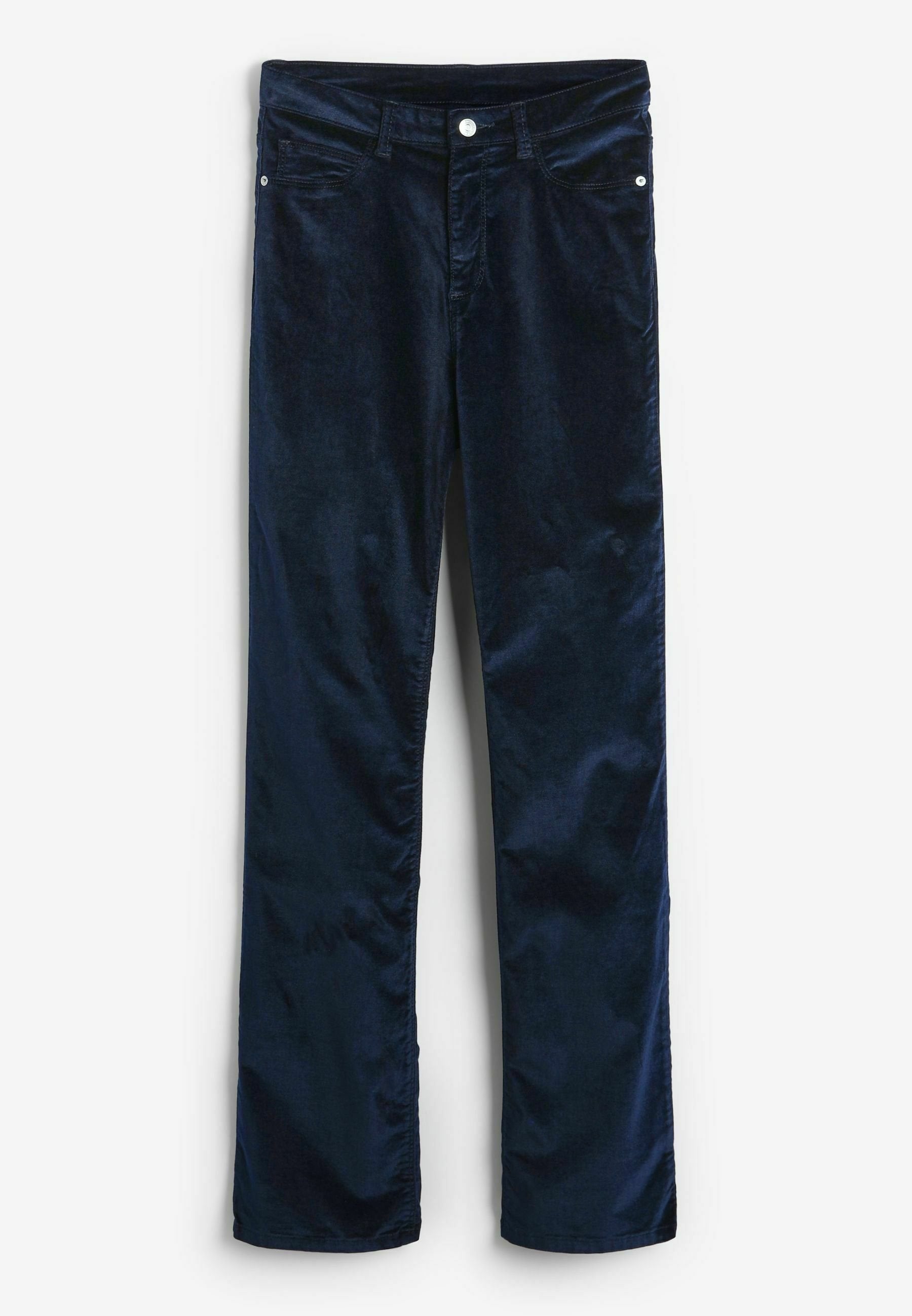Marineblaue Cord-Hosen mit geradem Bein, vorderen Taschen und Knopfverschluss. Weicher Stoff mit dezentem Glanz.