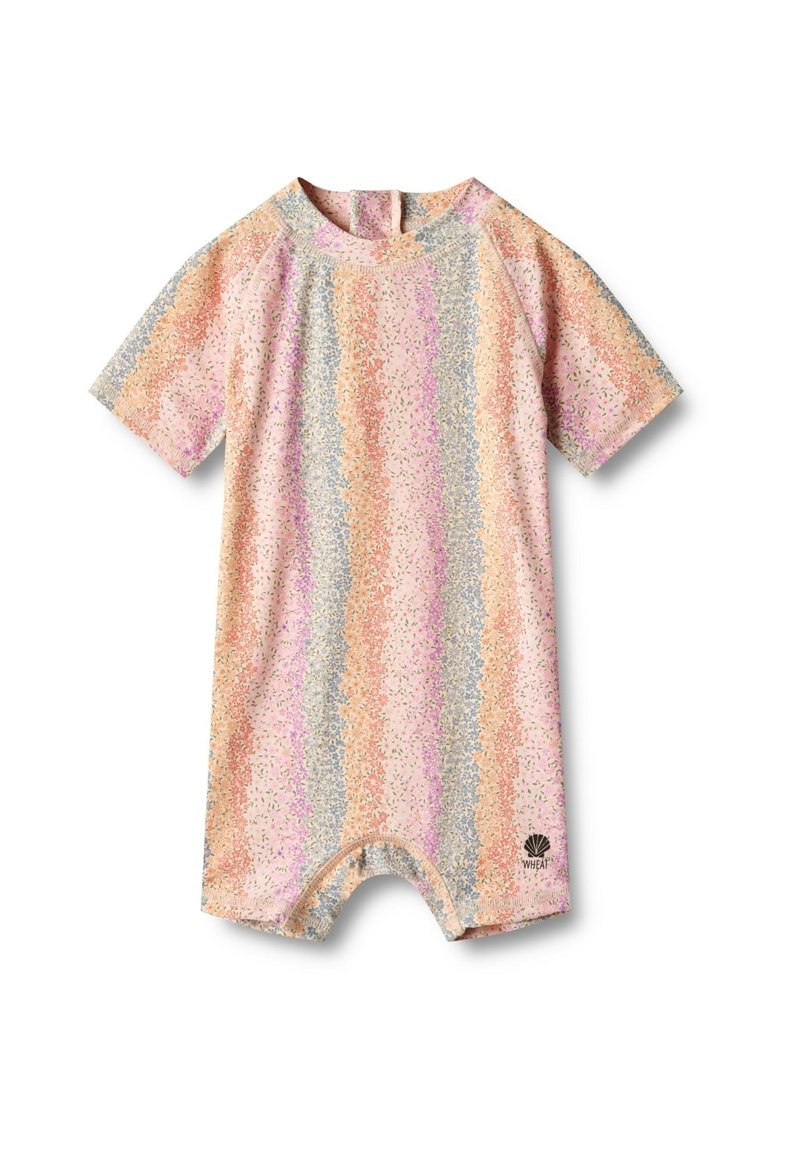 Einteiler für Kinder mit kurzen Ärmeln in pastellfarbenen Streifen von Pink, Orange und Blau, mit Rundhalsausschnitt und kleinem Logo auf der Vorderseite.