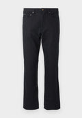 Schwarze gerade geschnittene Hose mit vorderem Knopf und Reißverschluss, Fünf-Taschen-Design und Gürtelschlaufen vor weißem Hintergrund.