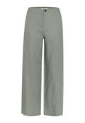 Hellgraue Leinen-Hose mit weitem Bein und hoher Taille, ausgestattet mit einem Verschluss mit Knopf vorne und klassischen Taschen. Glatte, strukturierte Oberfläche.