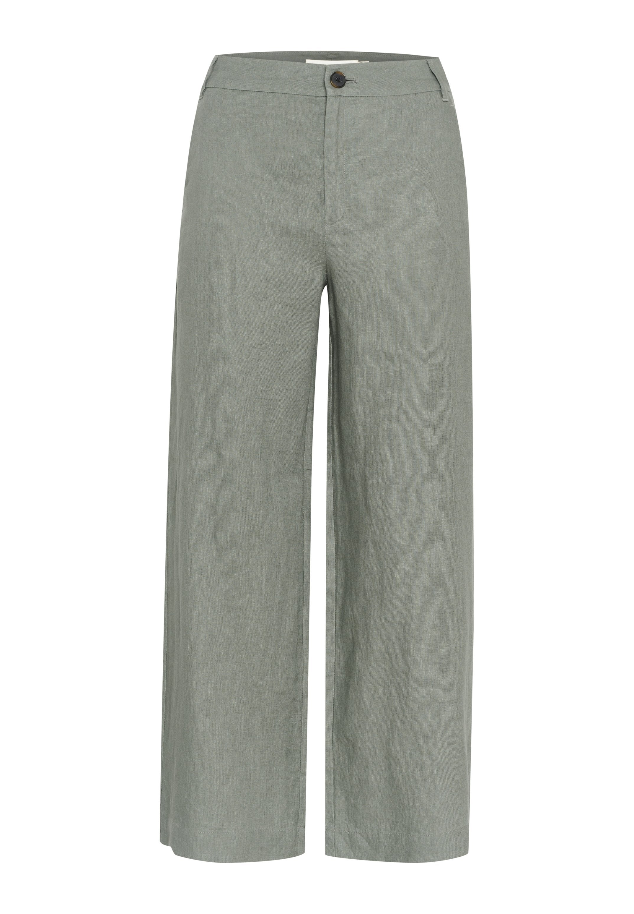 Hellgraue Leinen-Hose mit weitem Bein und hoher Taille, ausgestattet mit einem Verschluss mit Knopf vorne und klassischen Taschen. Glatte, strukturierte Oberfläche.