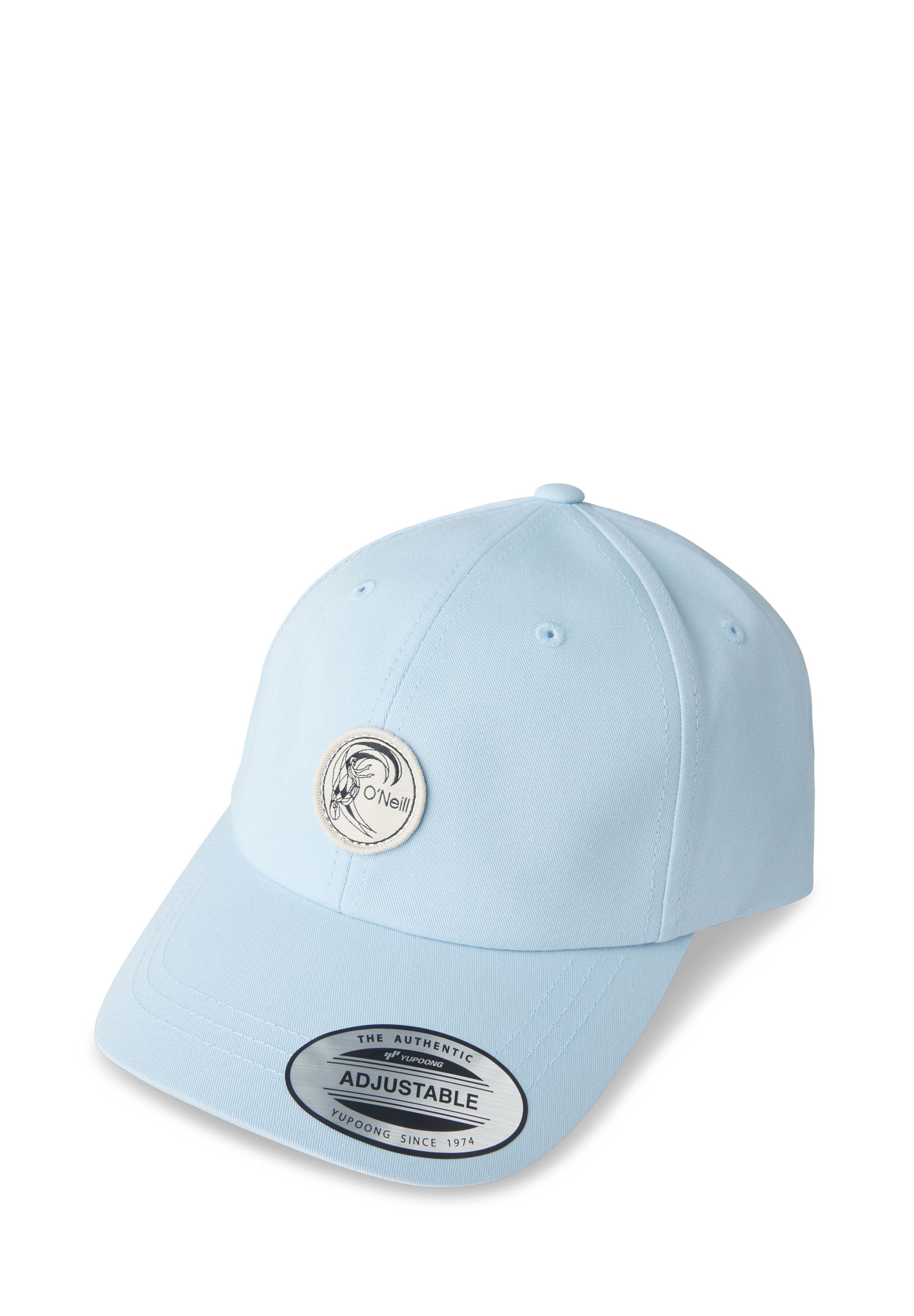 Hellblau verstellbare Baseballkappe aus Baumwolle, mit einem runden Logopatch und gesteppten Akzenten an Schirm und Krone.