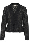 Schwarze Spitzenbluse mit langen Ärmeln, Flatterkante und gebundenem Dekolleté. Aufwendiges Blumenmuster im gesamten Stoff.