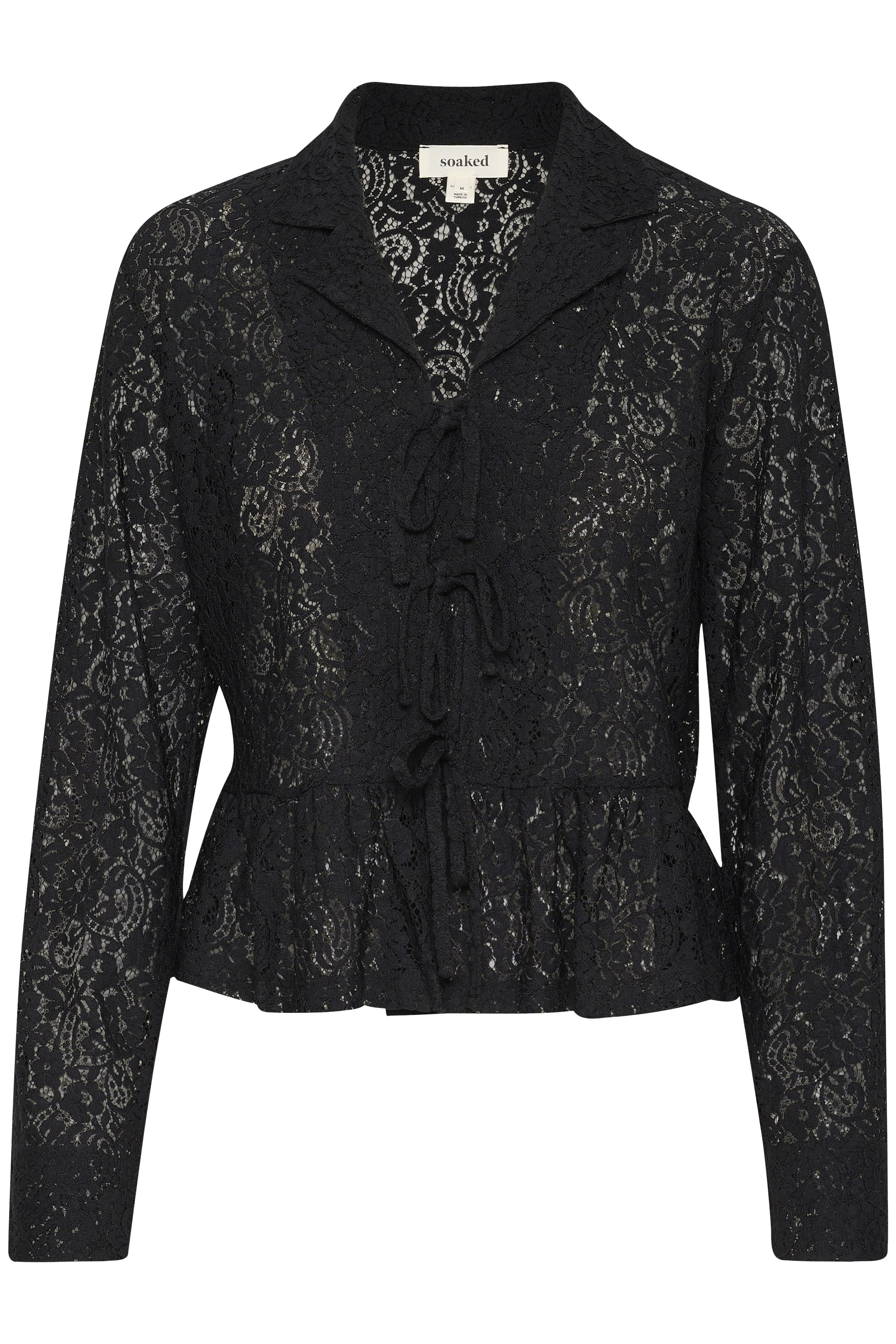 Schwarze Spitzenbluse mit langen Ärmeln, Flatterkante und gebundenem Dekolleté. Aufwendiges Blumenmuster im gesamten Stoff.