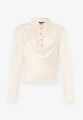 Langärmlige, hellcremefarbene Bluse mit einem Kragen und einer vorderen Leiste mit sechs runden, goldfarbenen Knöpfen sowie einem drapierten Stoffdesign.